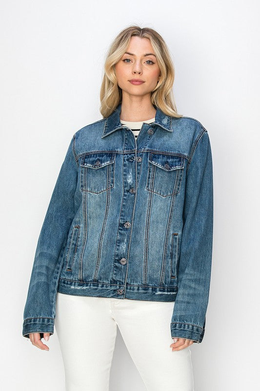 RISEN Full Size Distressed Button Up Jacket - Charming Charlie