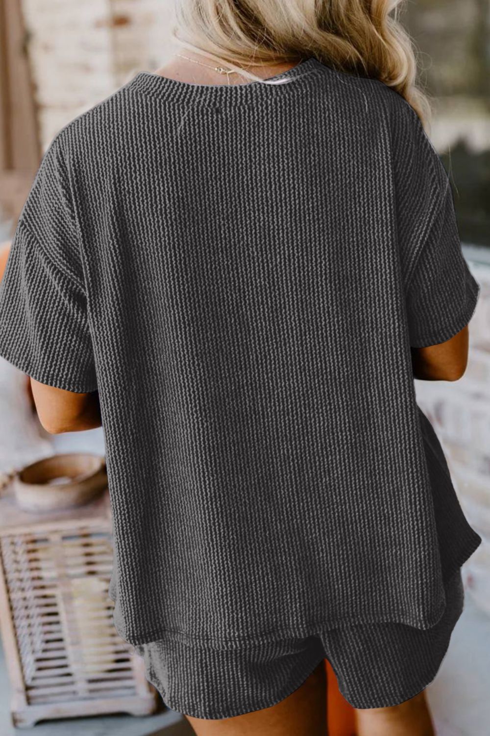 Textured Round Neck Top and Shorts Set - Charming Charlie