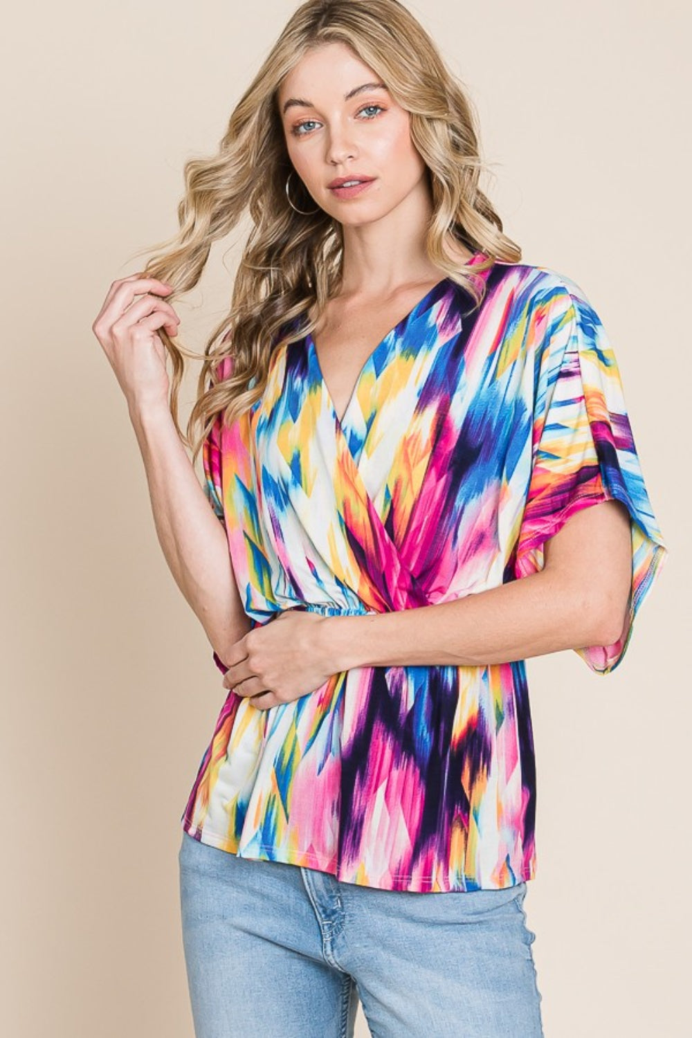 BOMBOM Printed Surplice Peplum Blouse - Charming Charlie