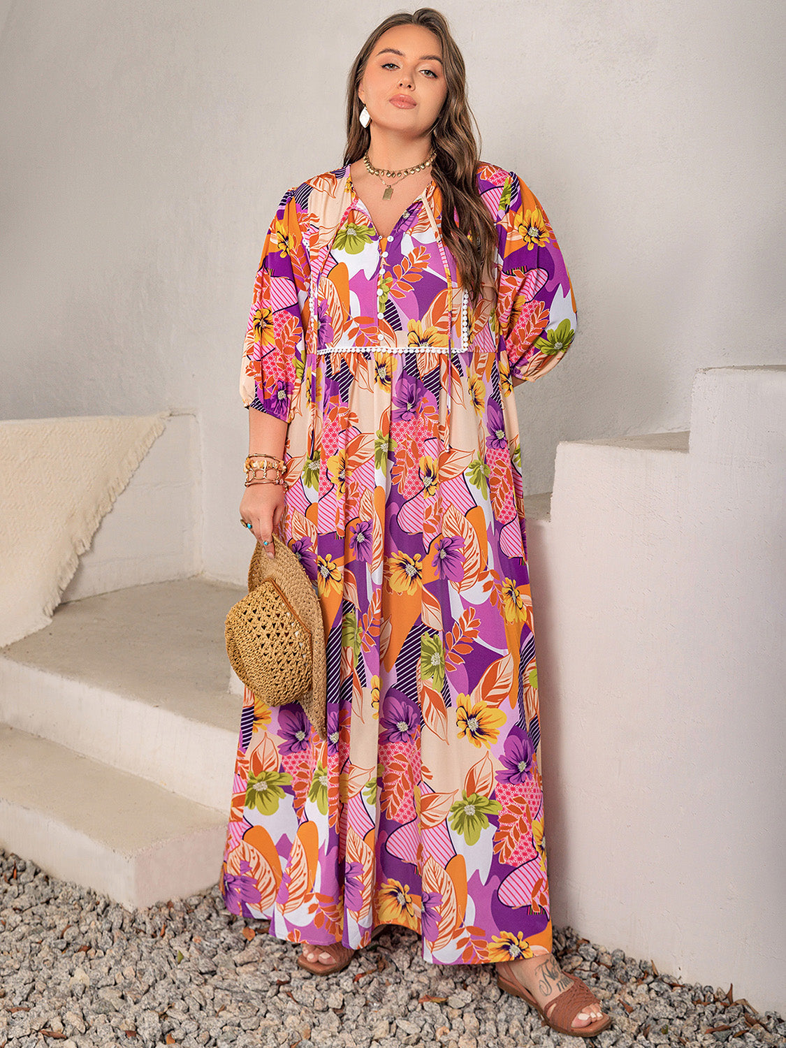Plus Size Printed Tie Neck Maxi Dress - Charming Charlie