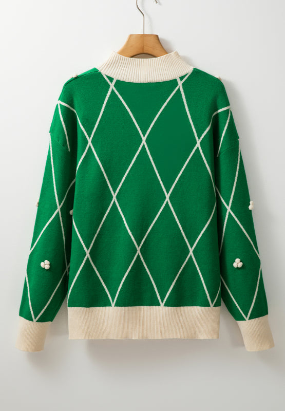 Diamond Pattern Contrast Trim Mock Neck Sweater - Charming Charlie