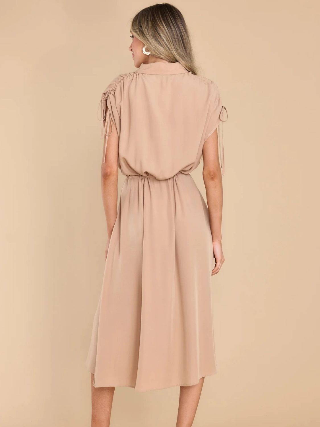 Drawstring Collared Neck Short Sleeve Midi Dress - Charming Charlie