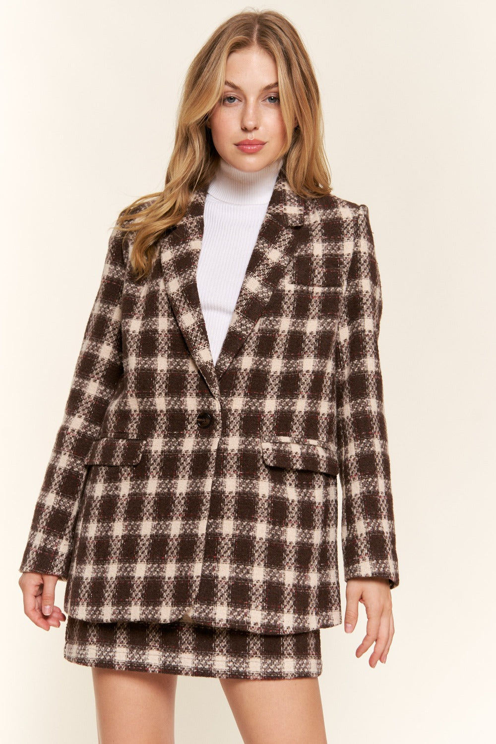And The Why Full Size Plaid Brushed One Button Blazer - Charming Charlie