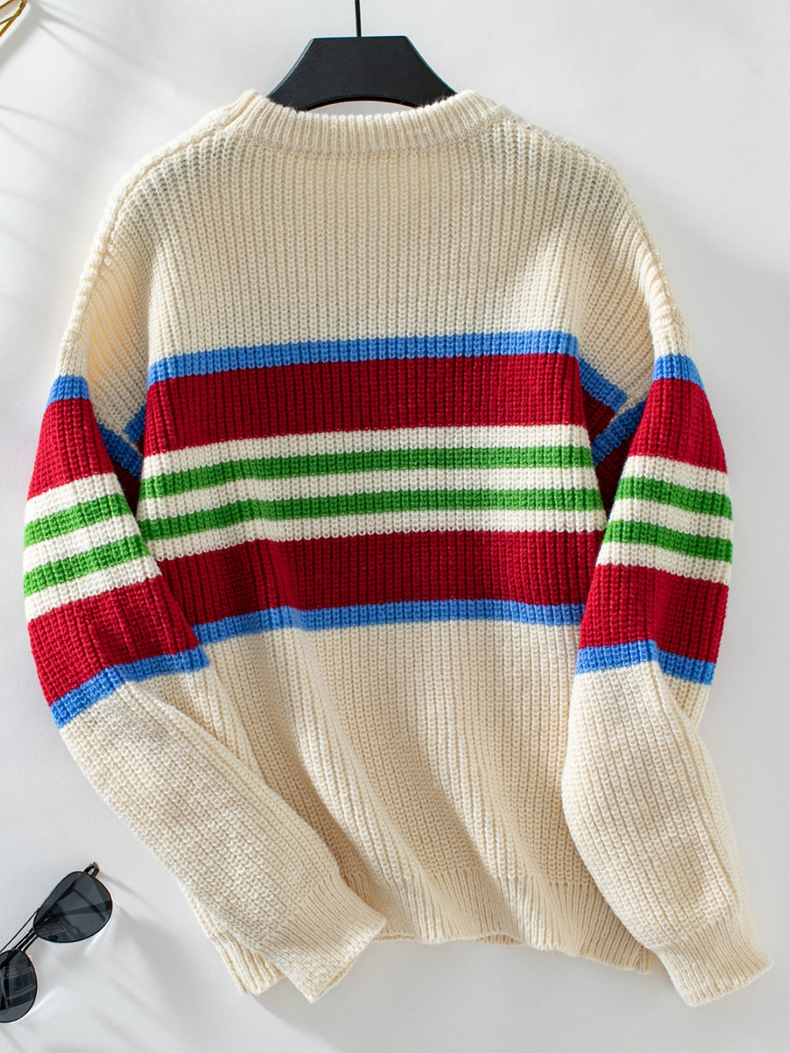 Contrast Stripes Round Neck Long Sleeve Sweater - Charming Charlie
