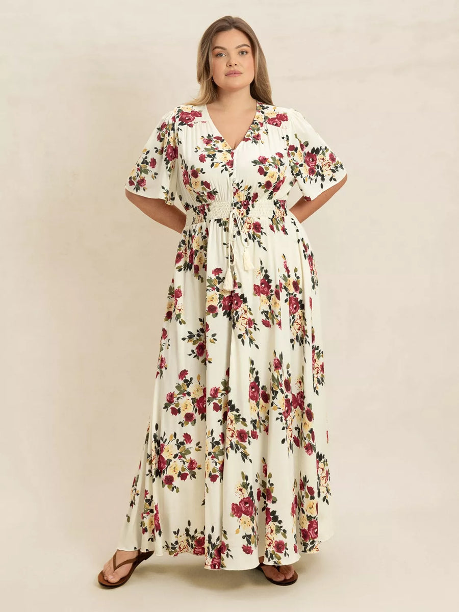 floral plus size maxi dress Flutter Sleeve with Button Front Pastel Yellow / 4XL A pointed collar Colour:CHARTREUSE OMBRE Style:FA260135 Maxi Dress Casual Summer