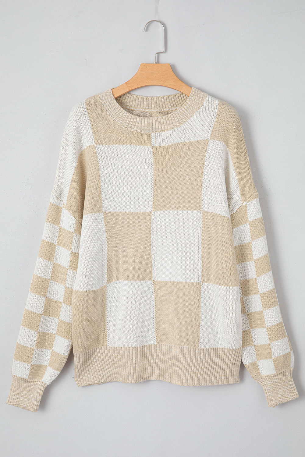 Checkered Round Neck Drop Shoulder Sweater - Charming Charlie