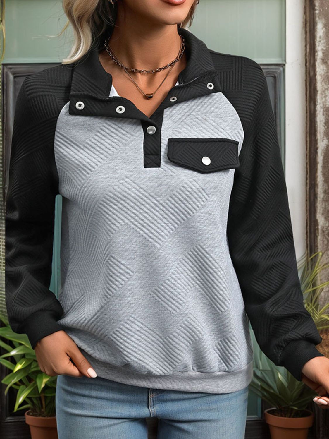 Contrast Textured Long Sleeve Sweatshirt - Charming Charlie