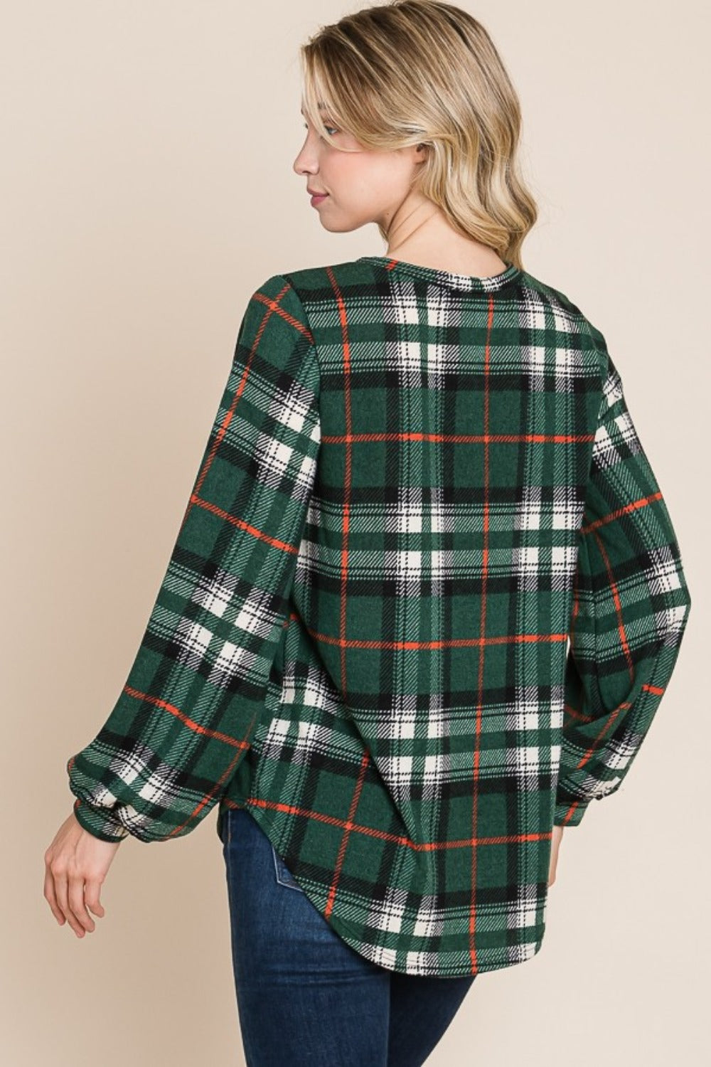 BOMBOM Curved Hem Plaid Round Neck Long Sleeve Top - Charming Charlie