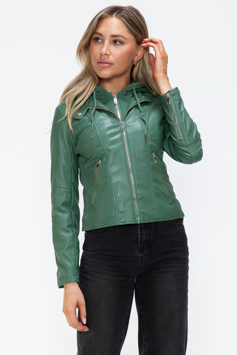 Snobbish Faux Leather Zip Up Drawstring Hooded Jacket - Charming Charlie