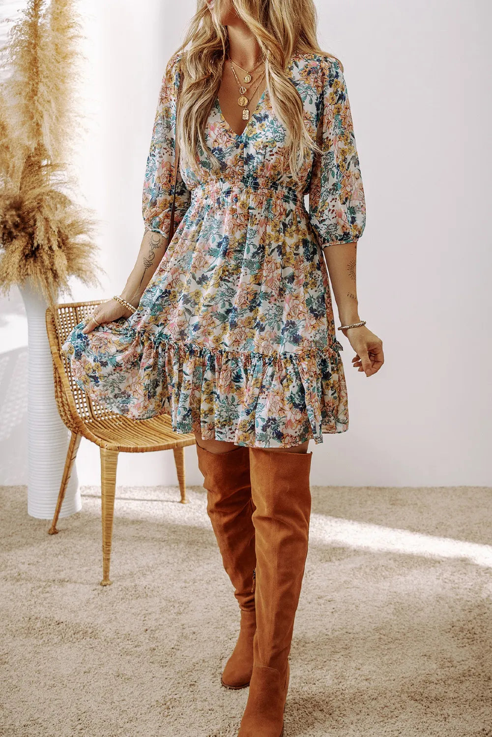 Printed V-Neck Half Sleeve Dress - Charming Charlie
