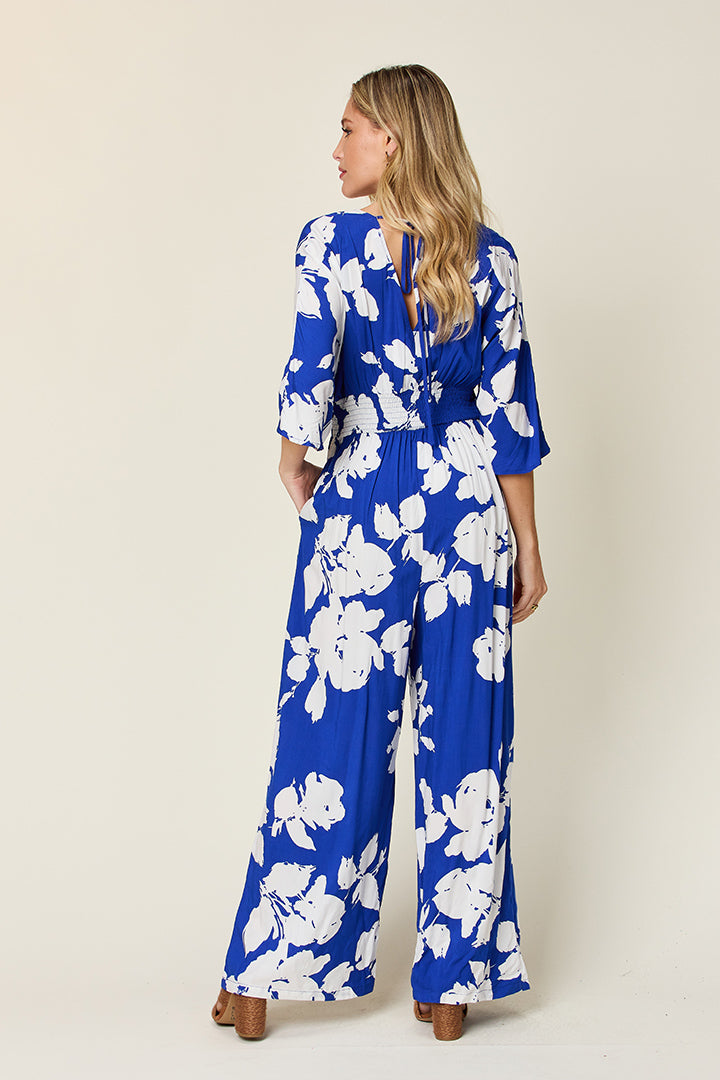 Double Take Full Size Printed Tie Back Wide Leg Jumpsuit - Charming Charlie