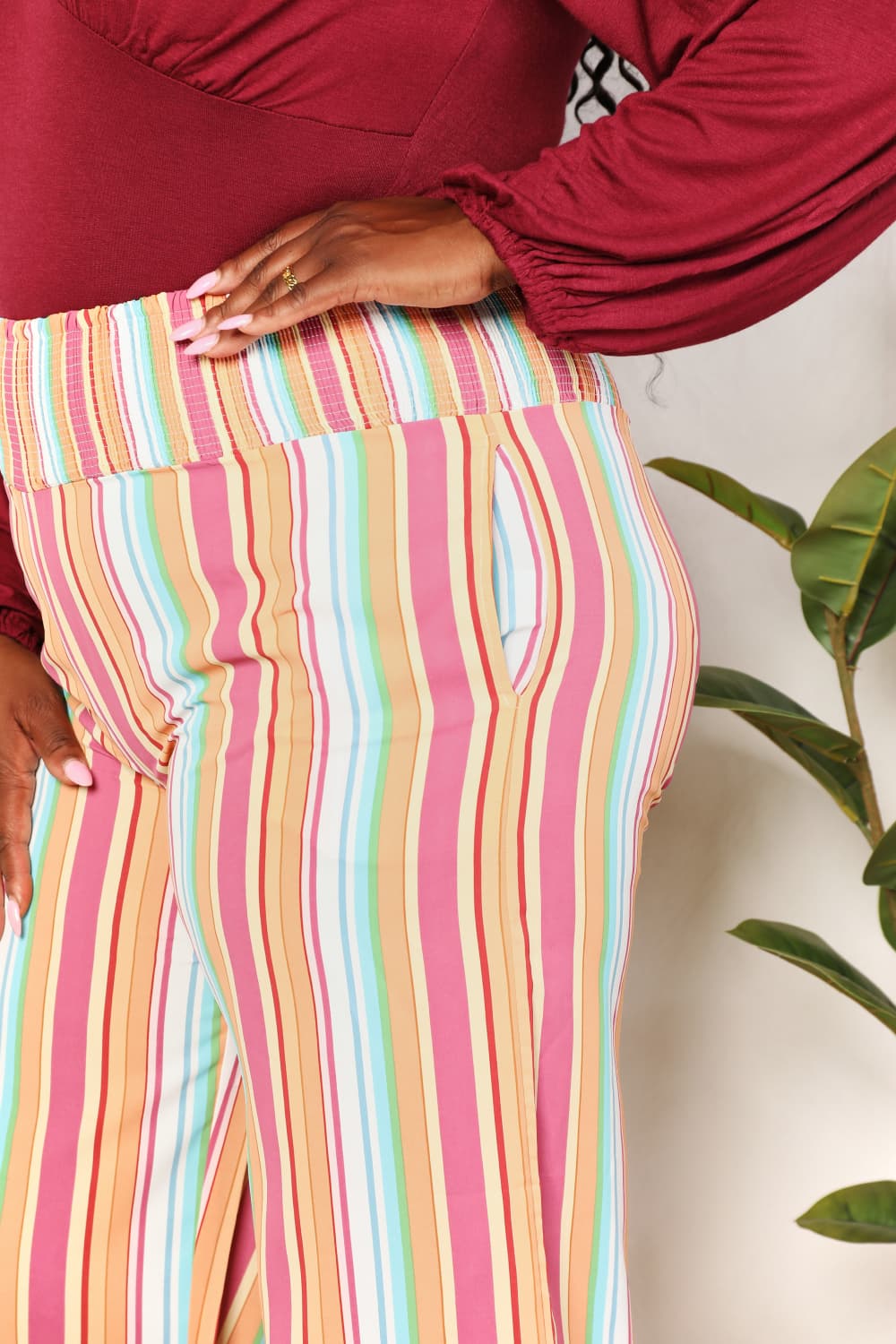 Double Take Striped Smocked Waist Pants with Pockets - Charming Charlie