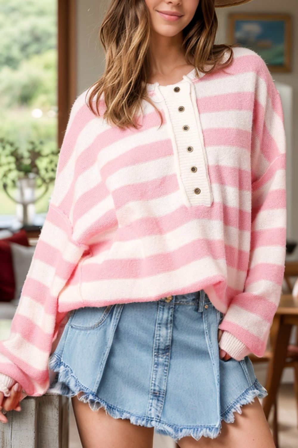 Exposed Seam Striped Round Neck Long Sleeve Sweater - Charming Charlie