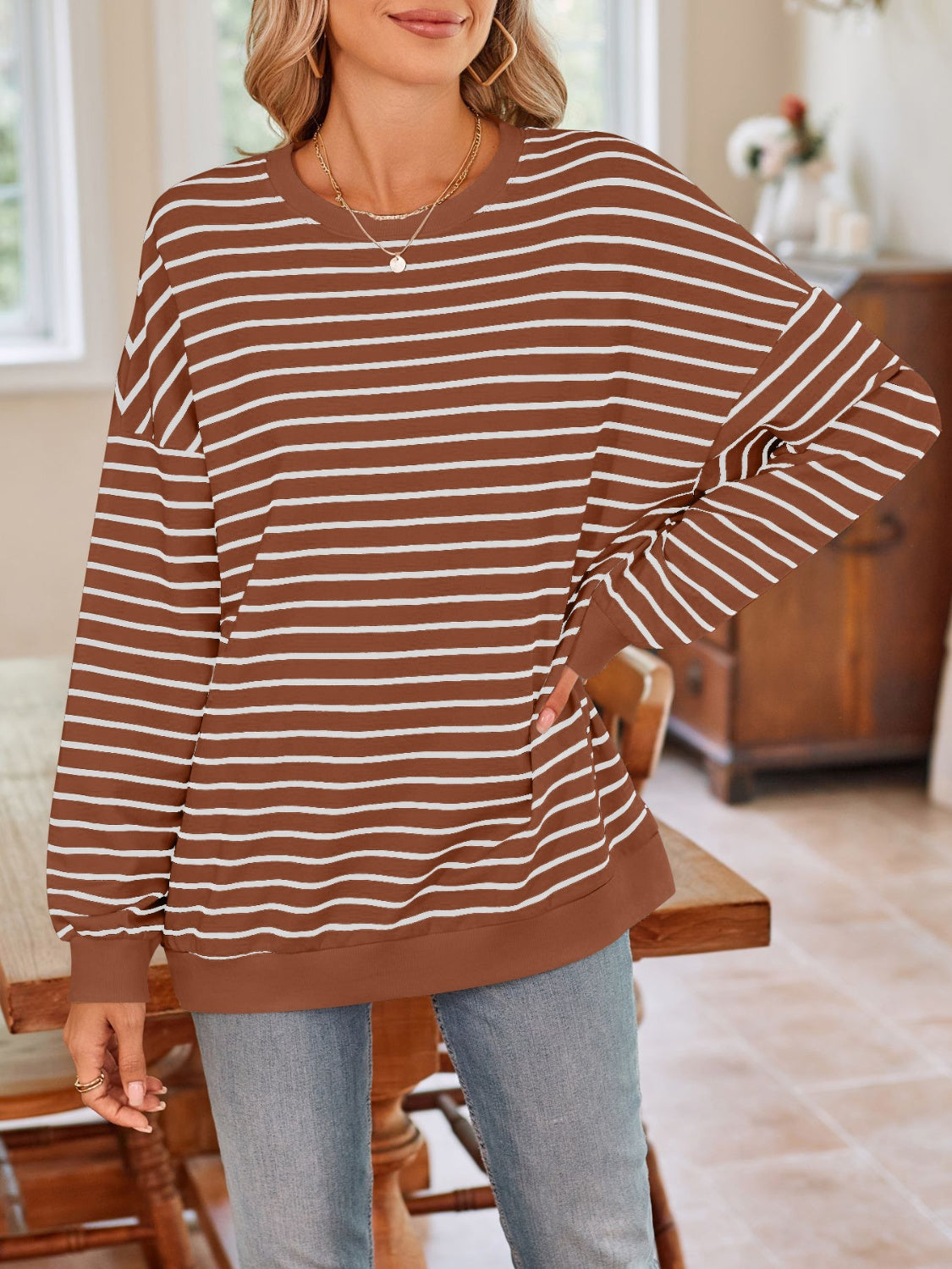 Striped Round Neck Long Sleeve Sweatshirt - Charming Charlie