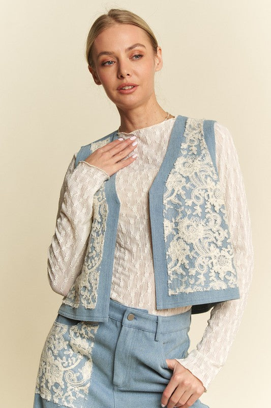 Davi & Dani Lace Patch Open Front Denim Vest - Charming Charlie
