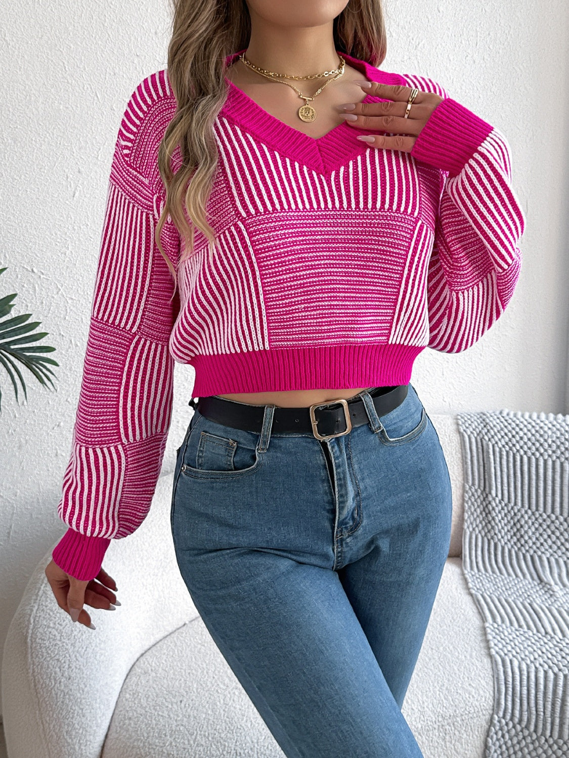 Striped V-Neck Long Sleeve Sweater - Charming Charlie