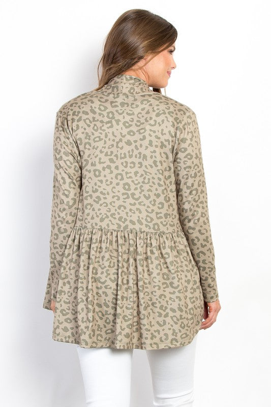 Be Stage Full Size Peplum Leopard Open Front Long Sleeve Cardigan - Charming Charlie