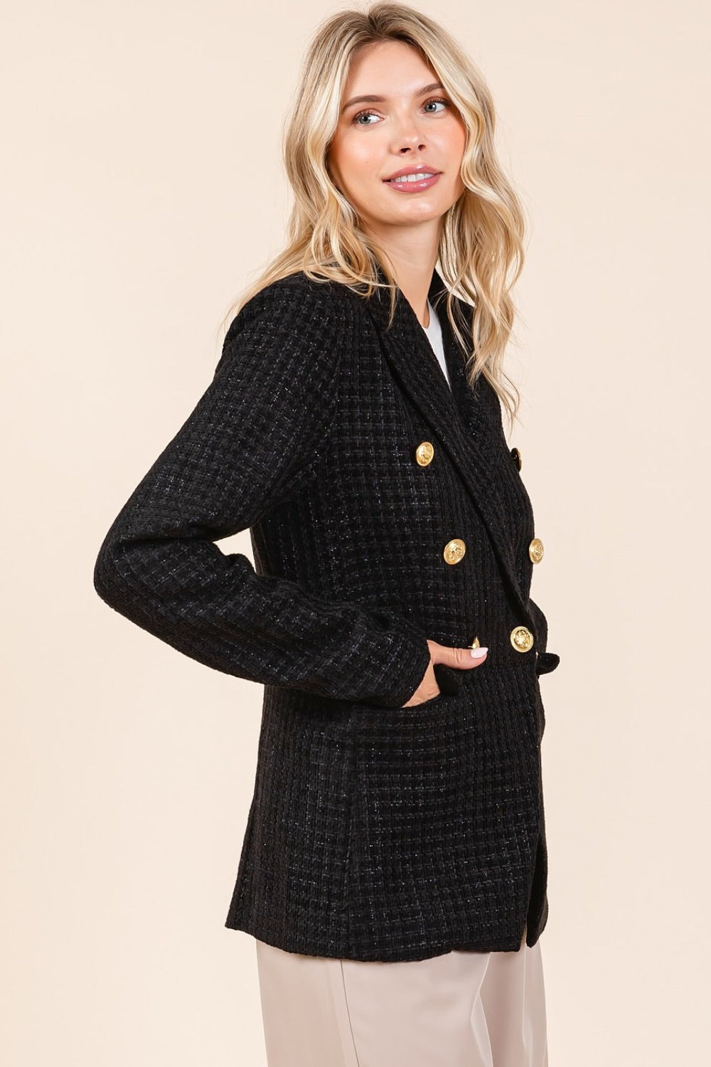 Mittoshop Plaid Texture Double-Breasted Long Sleeve Blazer - Charming Charlie