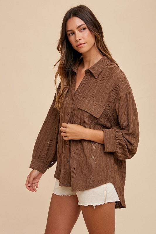 Annie Wear Openwork Button Down Drop Shoulder Shirt - Charming Charlie
