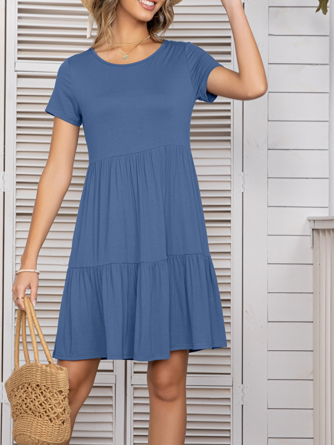 Round Neck Short Sleeve Mini Tee Dress - Charming Charlie