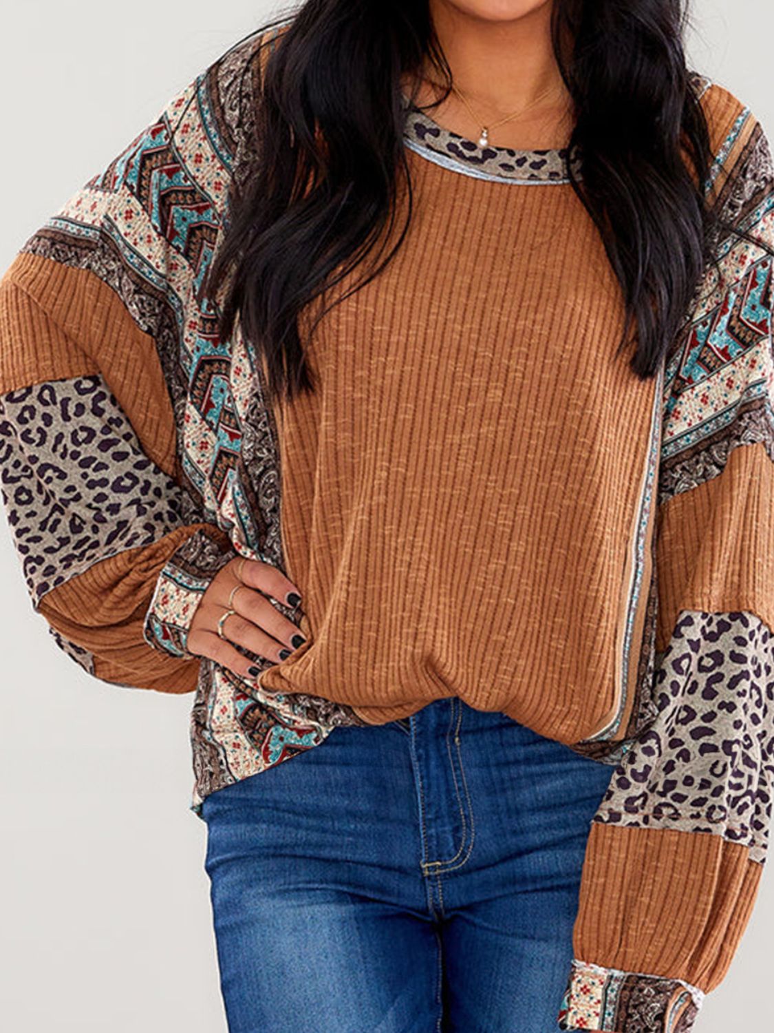 Leopard Round Neck Long Sleeve Sweatshirt - Charming Charlie