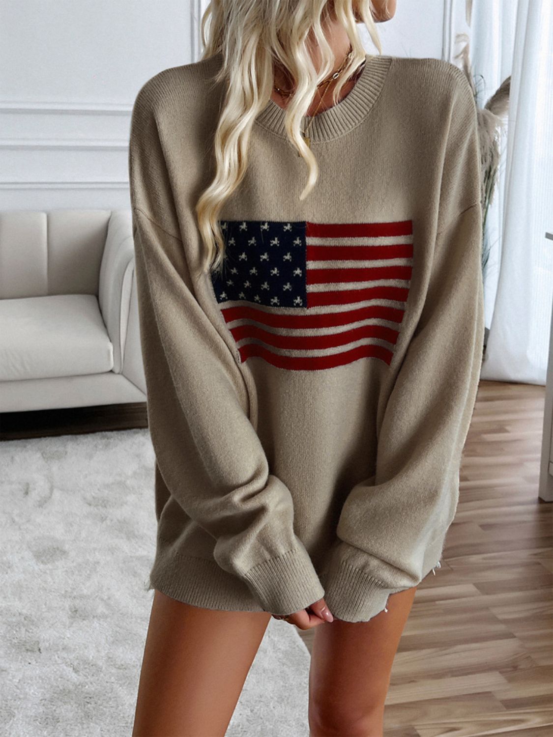 Devine US Flag Round Neck Long Sleeve Knit Top - Charming Charlie