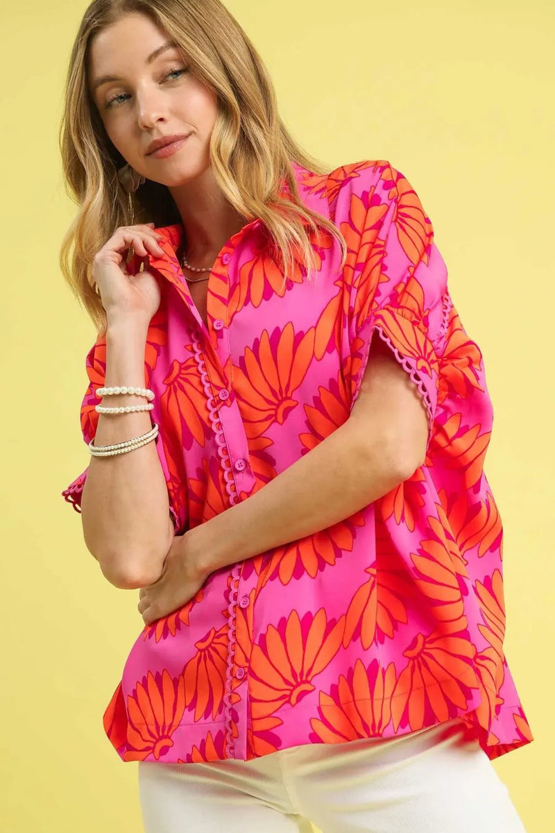 Umgee Linen Ruffle Sleeve Button-Down Shirt
