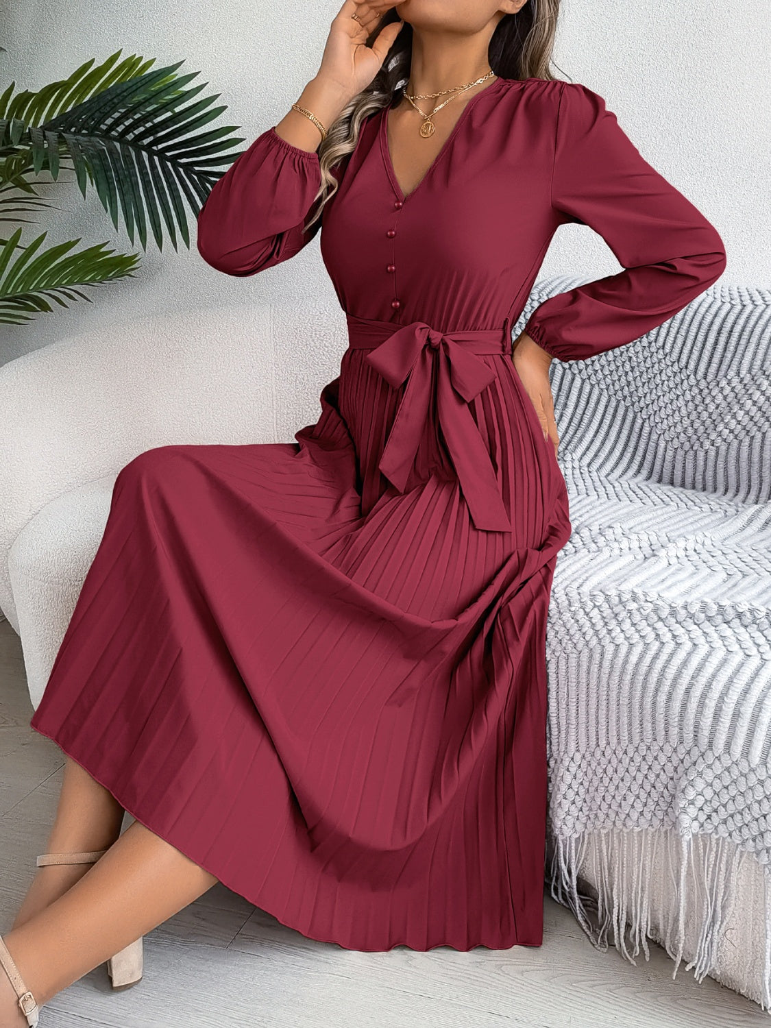 Pleated Tied V-Neck Long Sleeve Dress - Charming Charlie