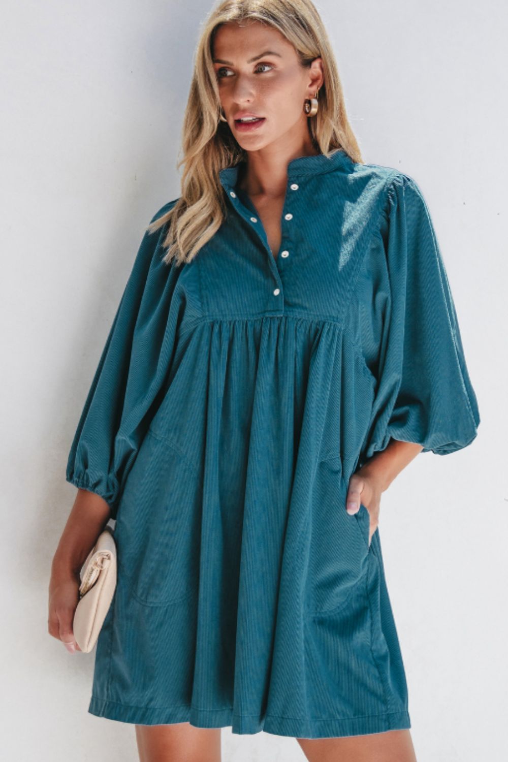 Corduroy Quarter Snap Three-Quarter Sleeve Dress - Charming Charlie
