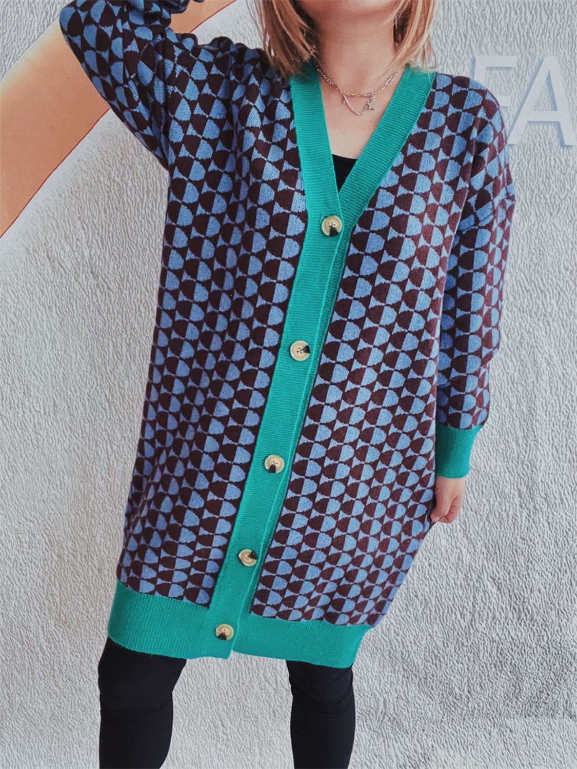 Contrast Trim Geometric Button Down Cardigan - Charming Charlie
