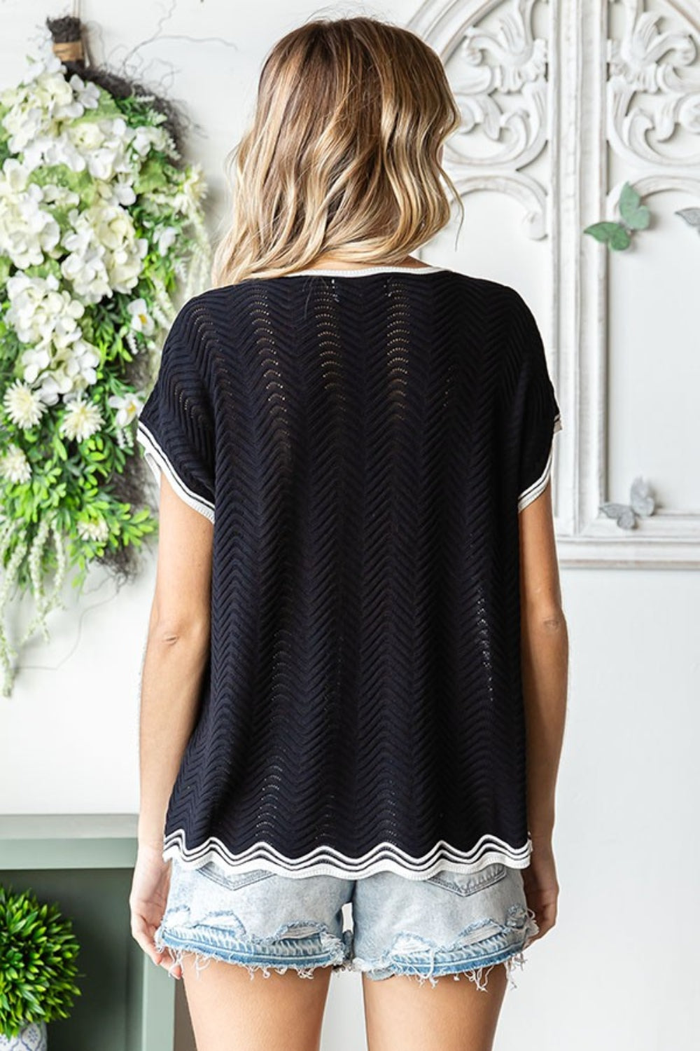 First Love Full Size Contrast Wavy Crochet Drop Shoulder Knit Top - Charming Charlie