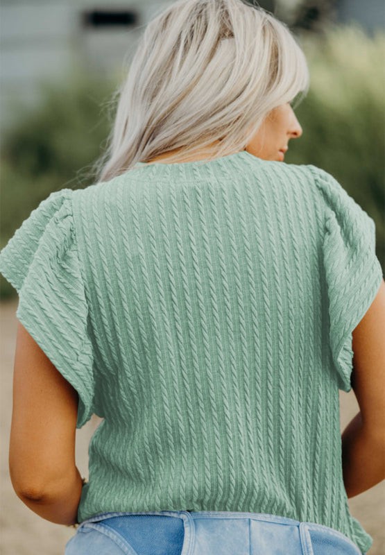 Textured Round Neck Flounce Sleeve Blouse - Charming Charlie