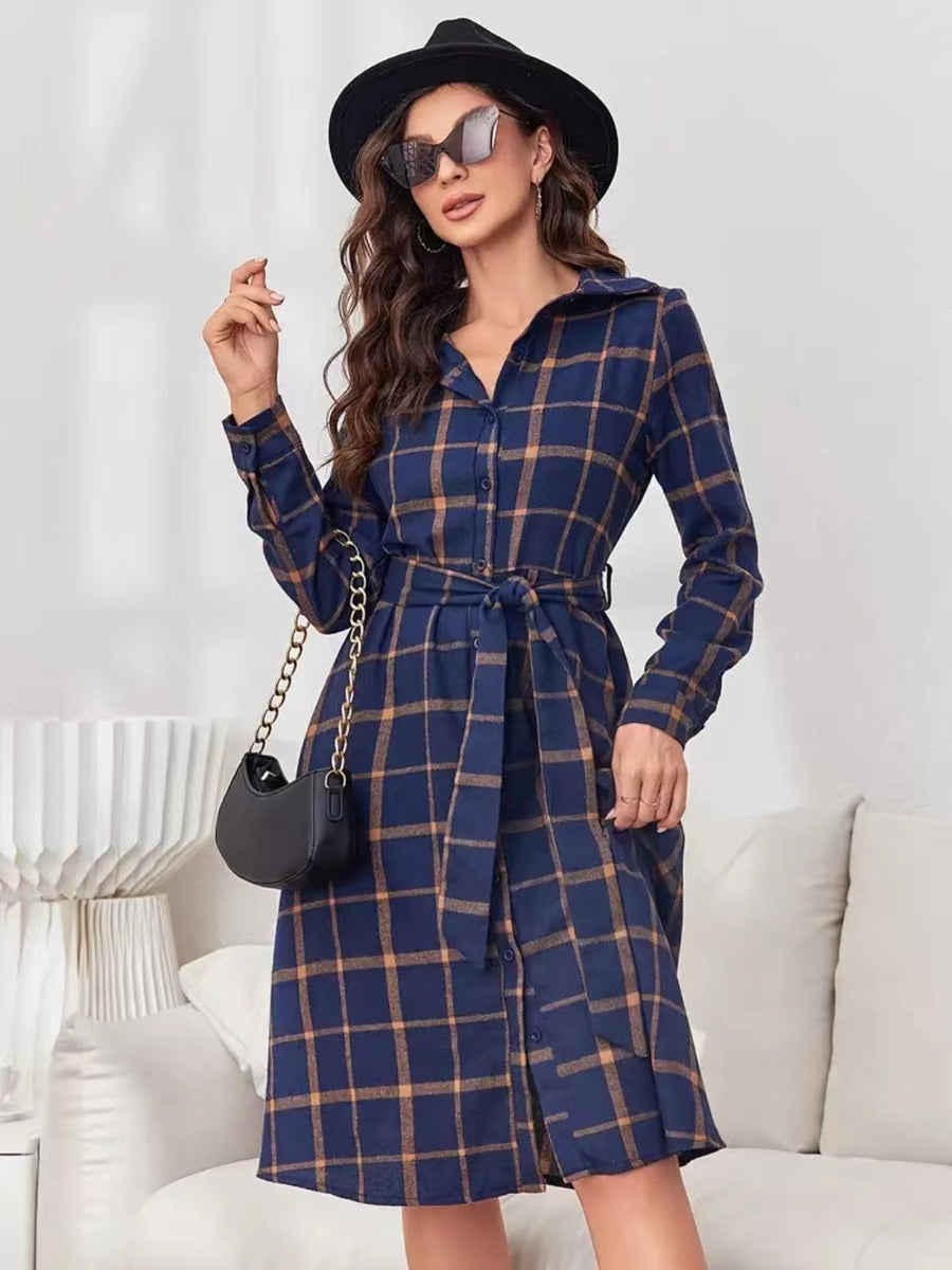 Plaid Tie Waist Long Sleeve Dress Navy / L