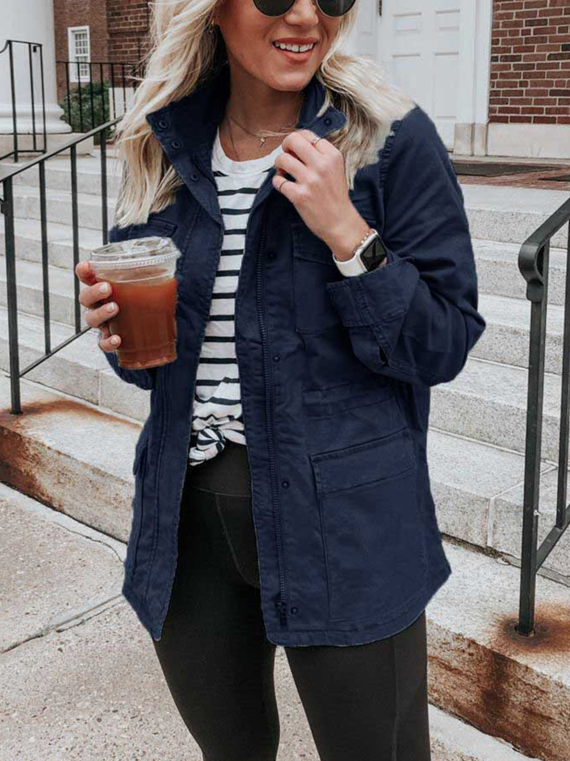 Pocketed Long Sleeve Zip Up Jacket - Charming Charlie