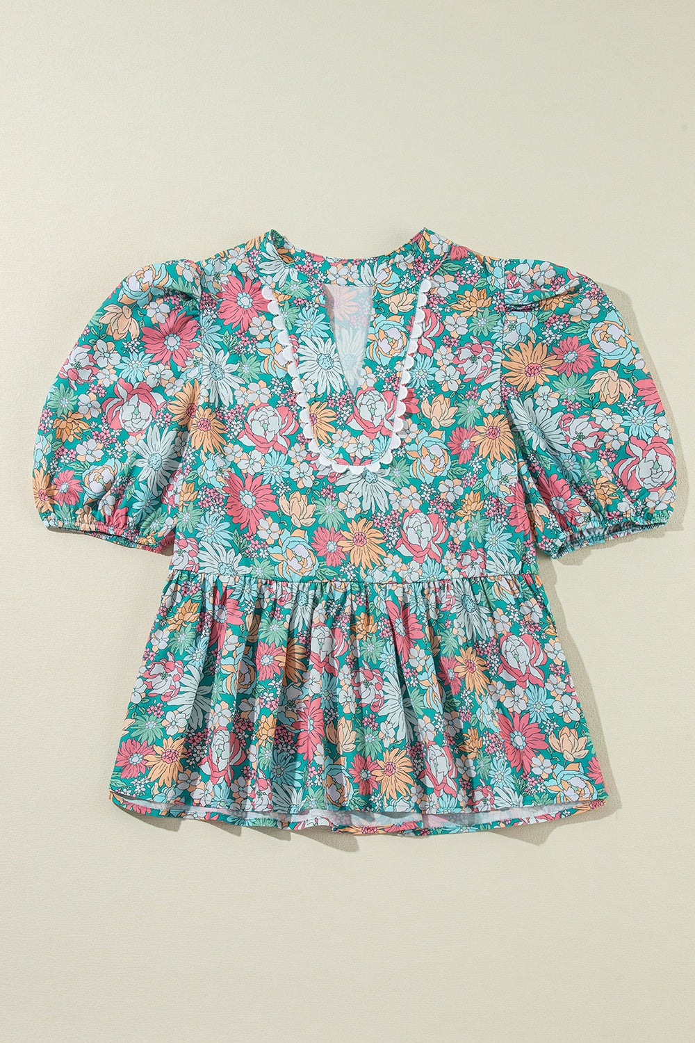 Printed Notched Short Sleeve Blouse - Charming Charlie