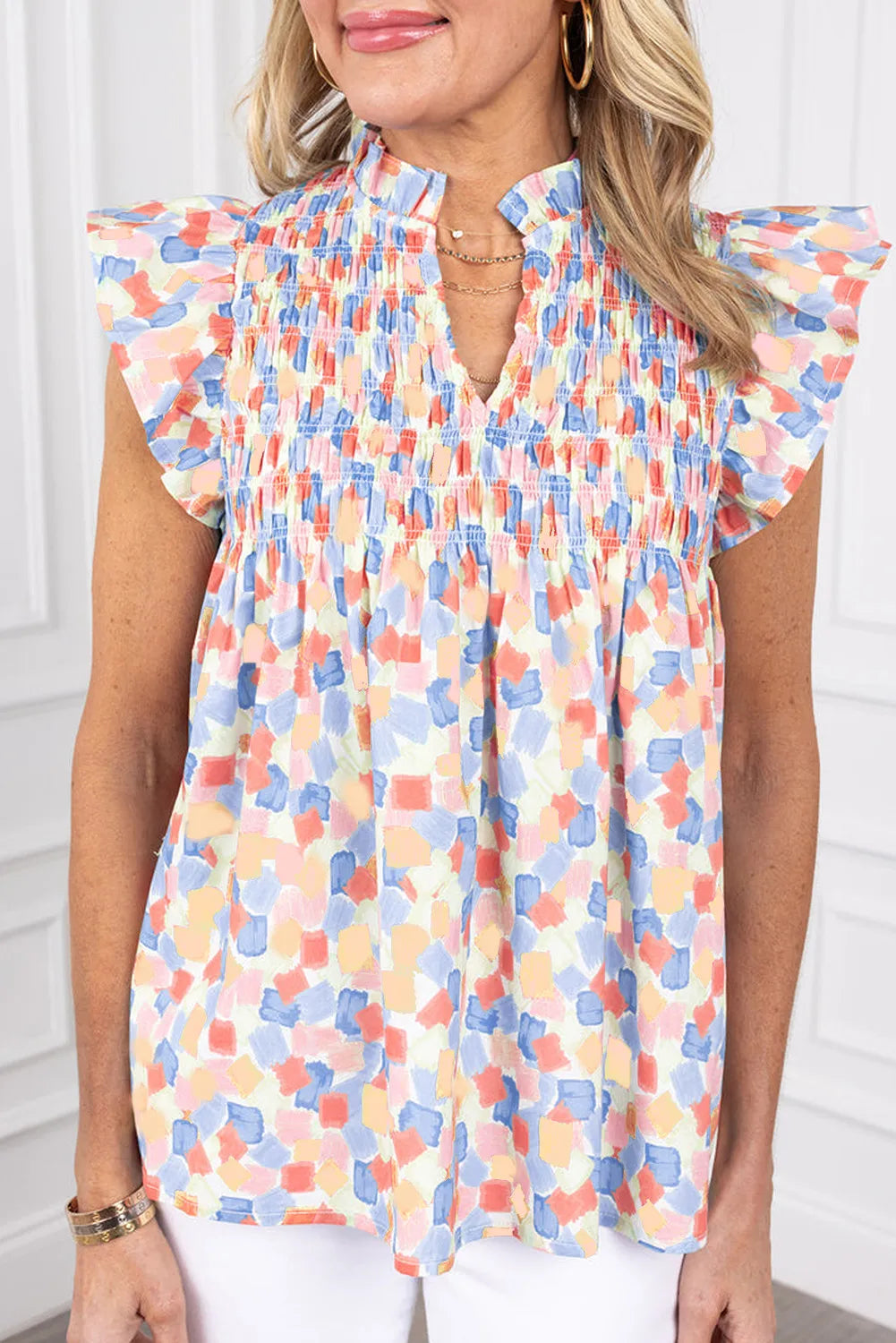 Ruffled Printed Notched Cap Sleeve Blouse - Charming Charlie
