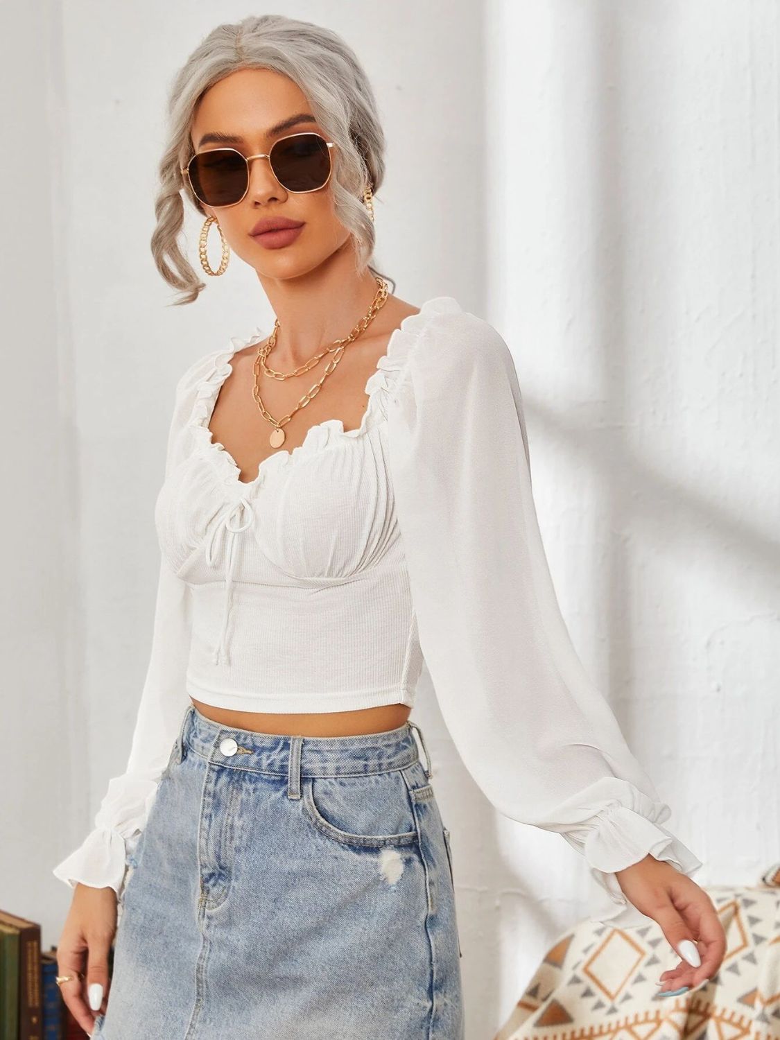 Mesh Sweetheart Neck Flounce Sleeve Top - Charming Charlie