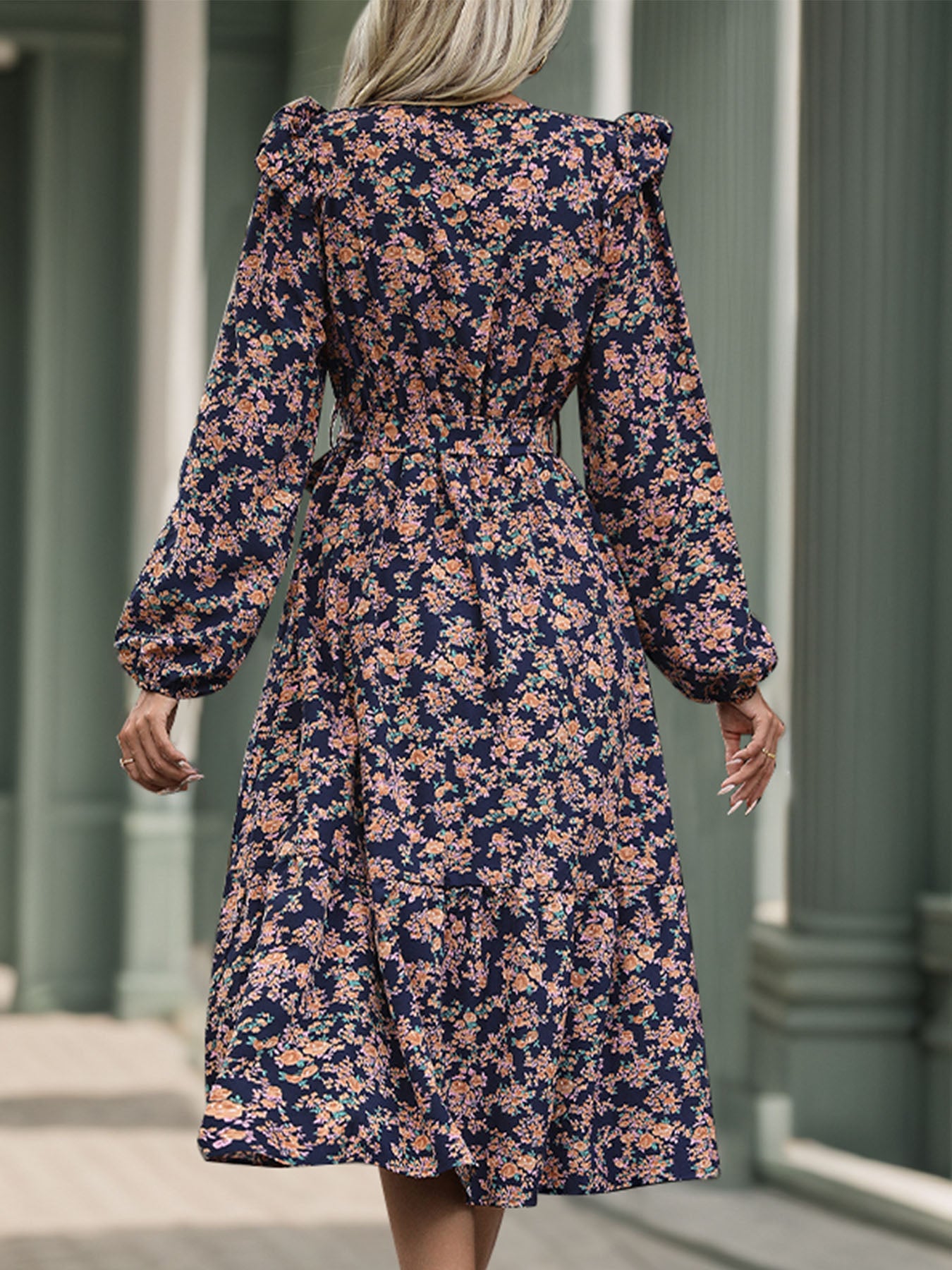 Printed Surplice Long Sleeve Midi Dress - Charming Charlie