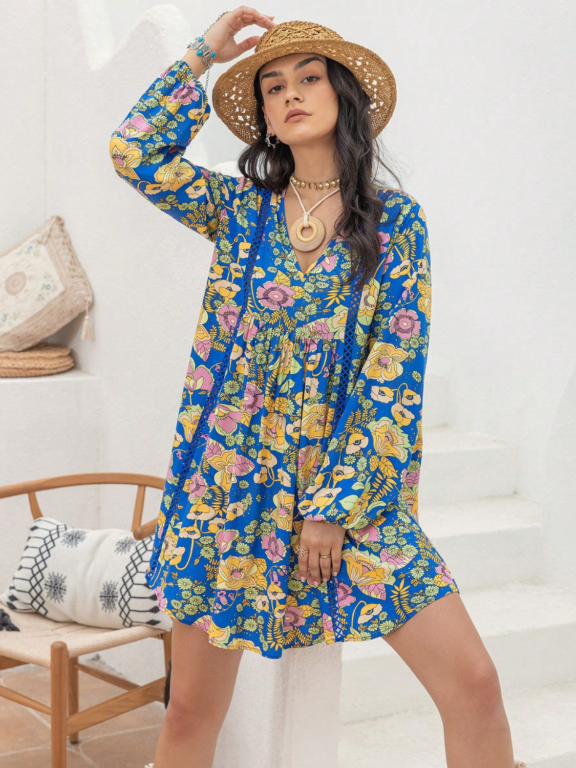 Printed V-Neck Balloon Sleeve Mini Dress - Charming Charlie