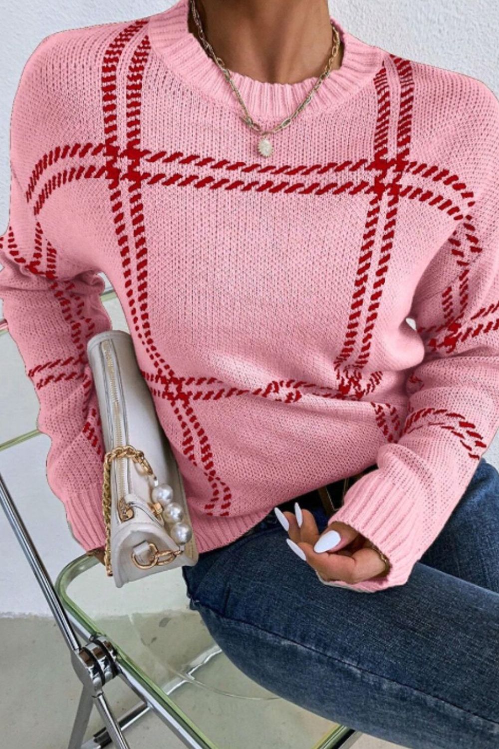 Contrast Round Neck Long Sleeve Sweater - Charming Charlie