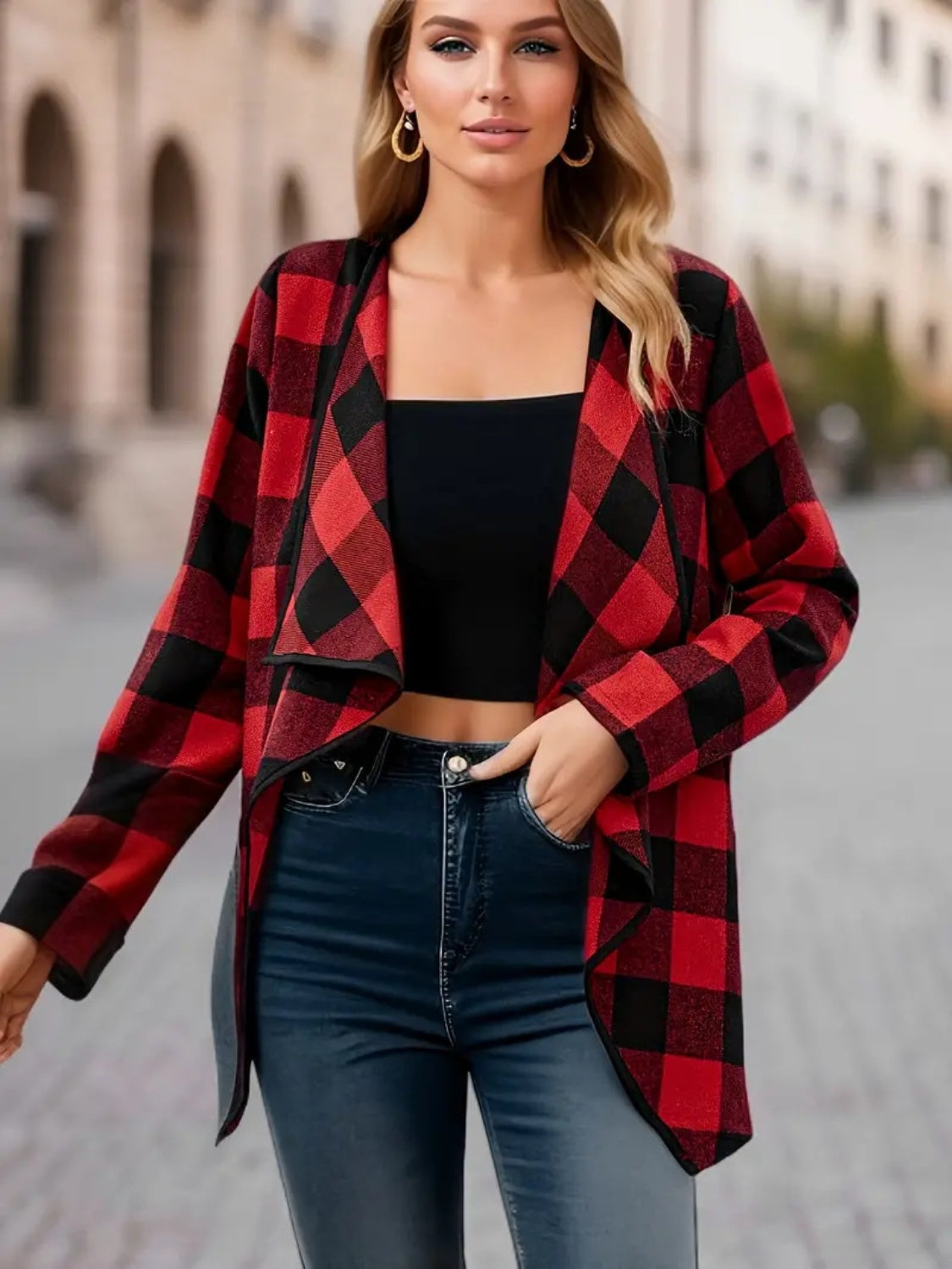 Plaid Open Front Long Sleeve Jacket - Charming Charlie