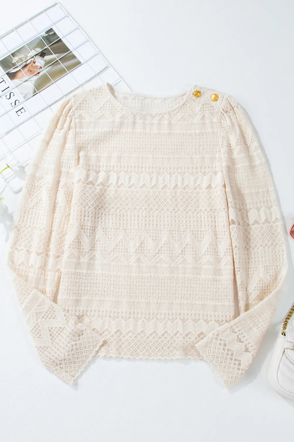 Lace Round Neck Long Sleeve Blouse - Charming Charlie
