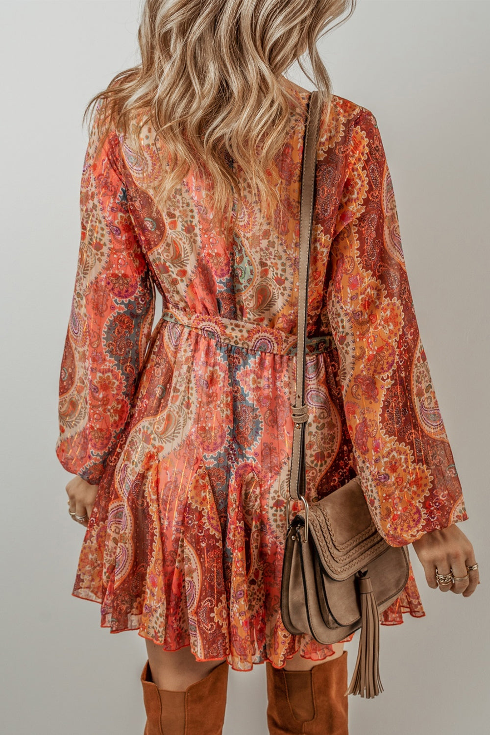 Tied Printed Balloon Sleeve Mini Dress - Charming Charlie