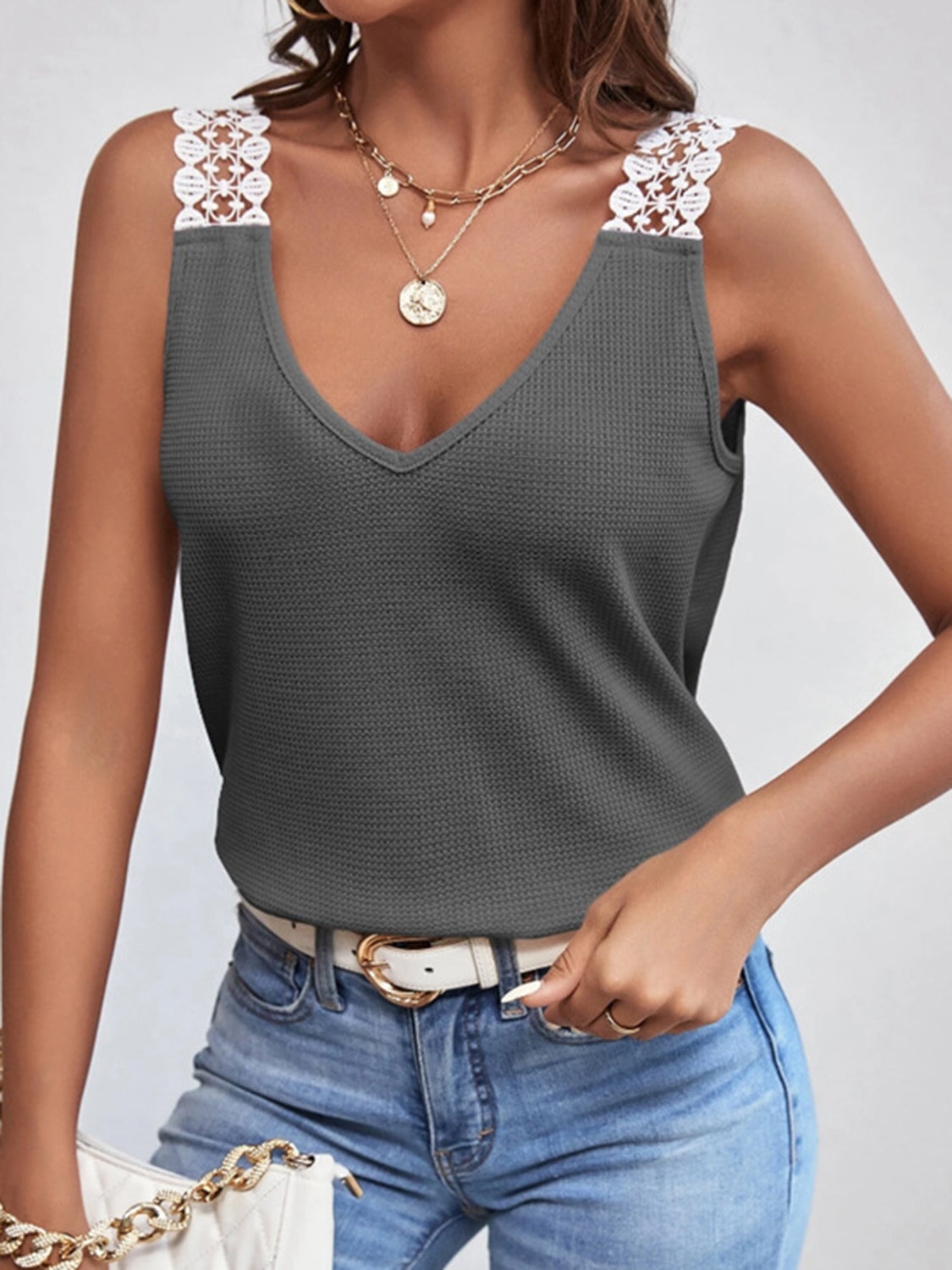 Lace Detail Waffle-Knit V-Neck Tank - Charming Charlie