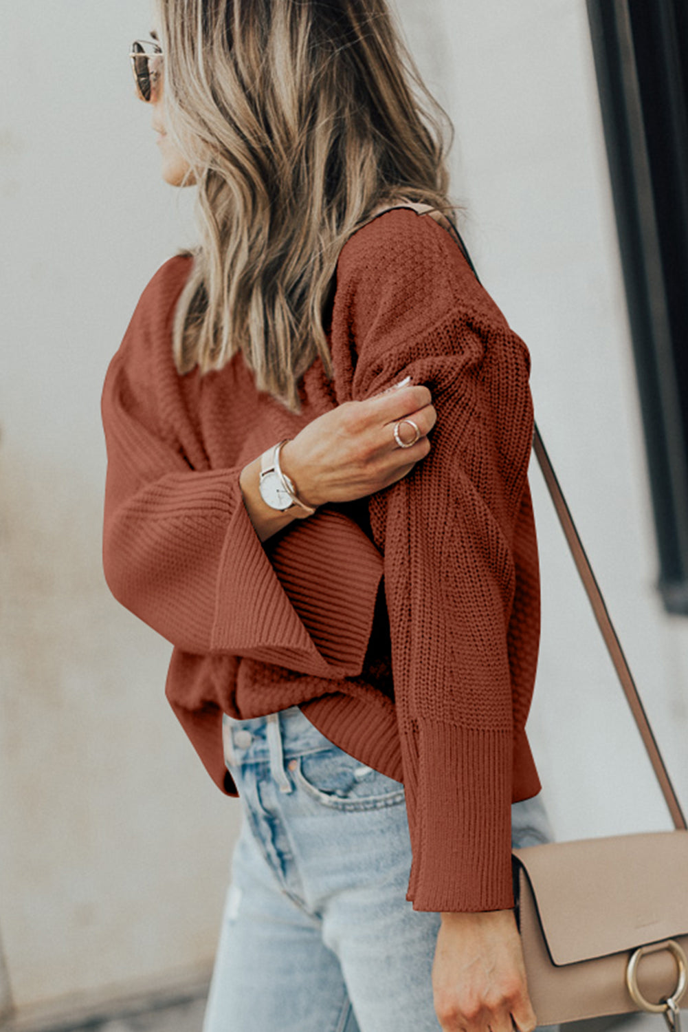 Textured Round Neck Long Sleeve Sweater - Charming Charlie