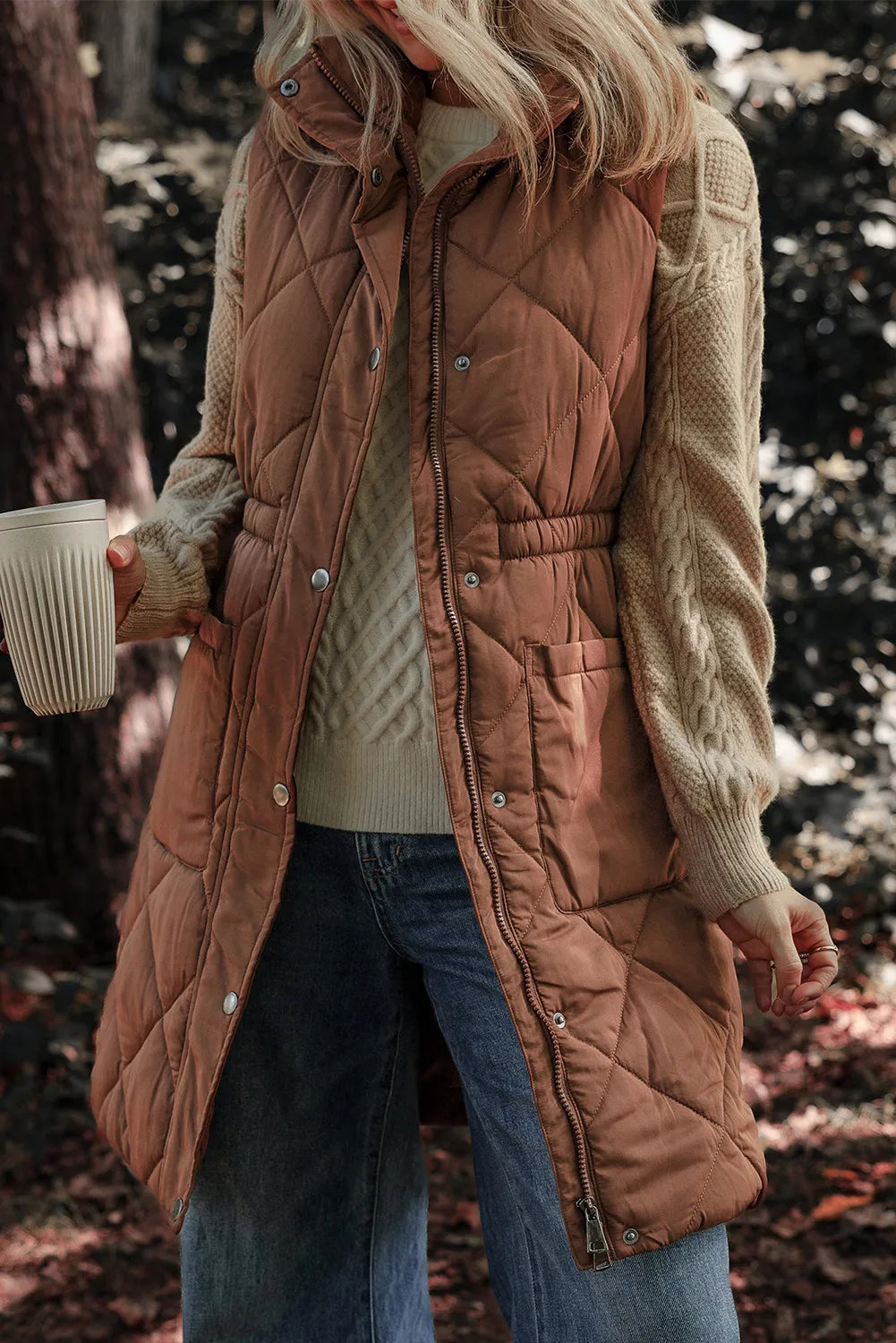 Pocketed Zipper and Button Vest Coat - Charming Charlie