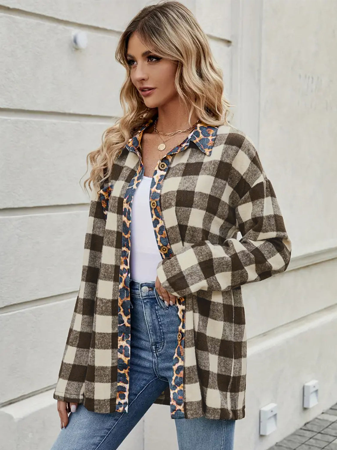 Leopard Trim Plaid Collared Neck Long Sleeve Shirt - Charming Charlie
