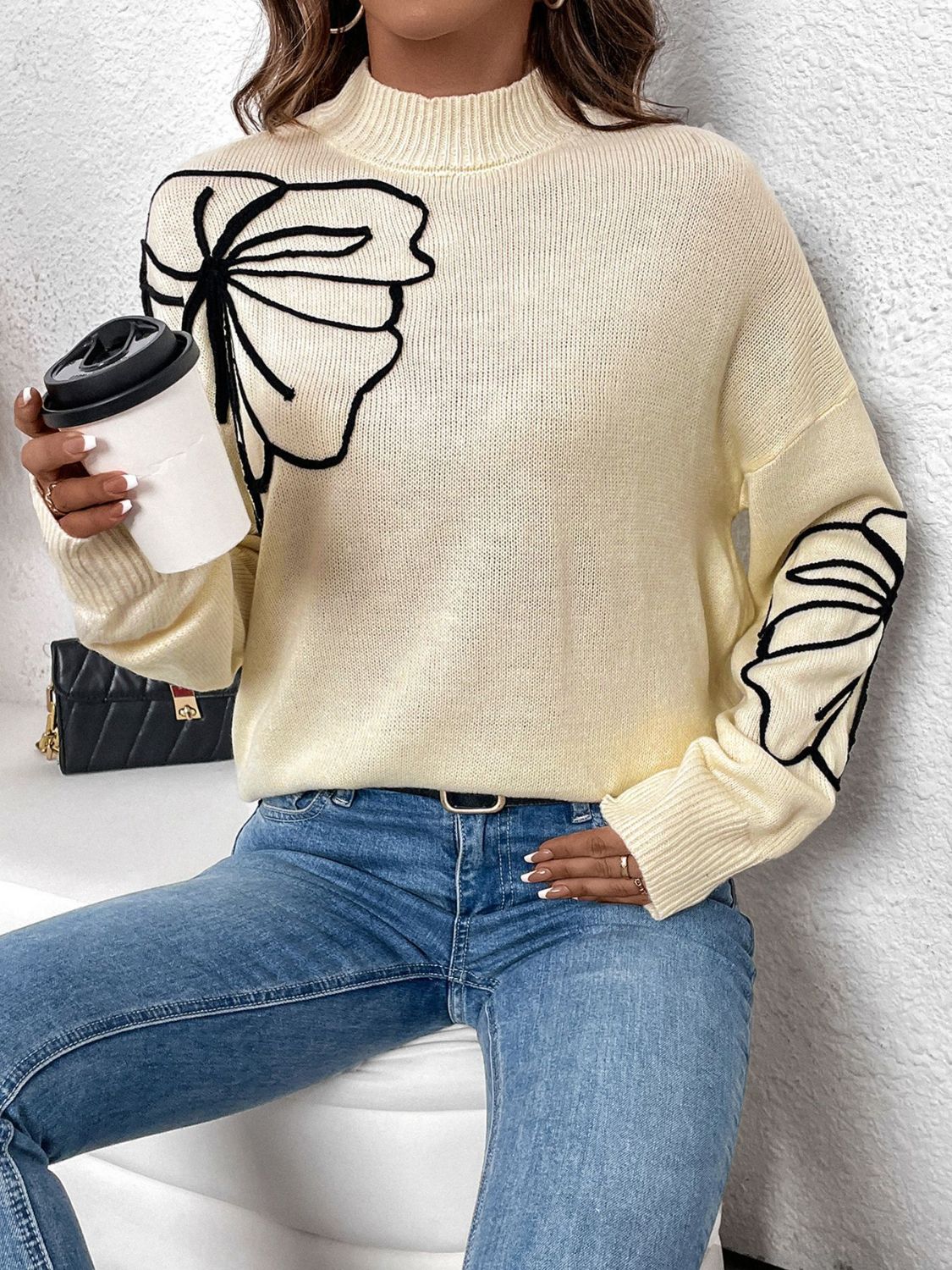 Perfee Mock Neck Dropped Shoulder Long Sleeve Sweater - Charming Charlie