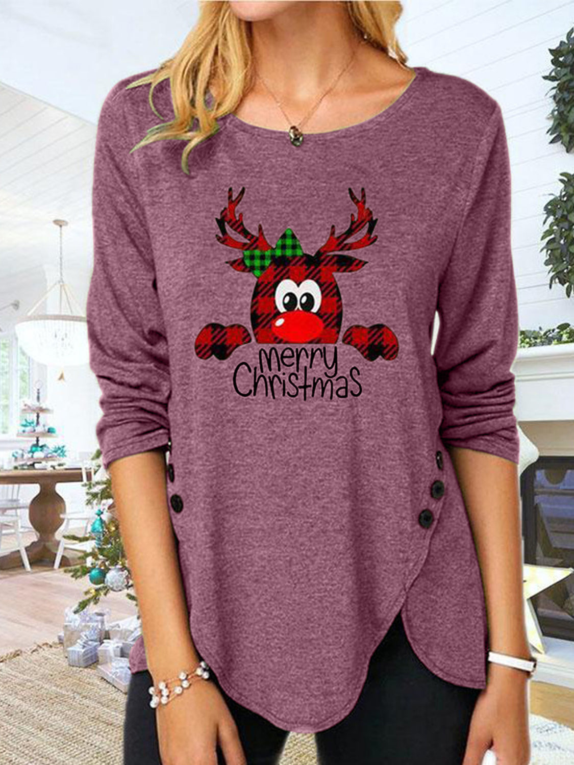 Full Size Reindeer Round Neck Long Sleeve T-Shirt - Charming Charlie
