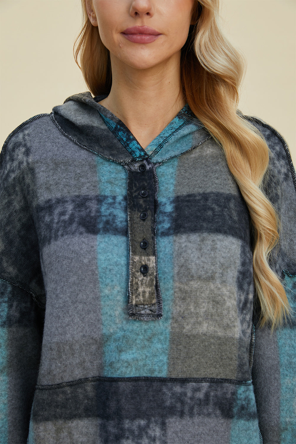 Double Take Full Size Plaid Dropped Shoulder Fleece Hoodie - Charming Charlie